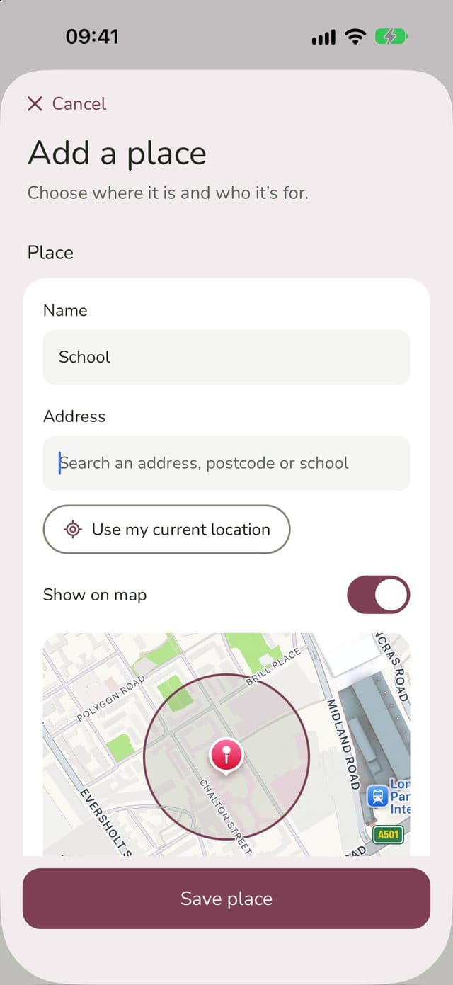 Adding School as a place, with its address and a circle on the map