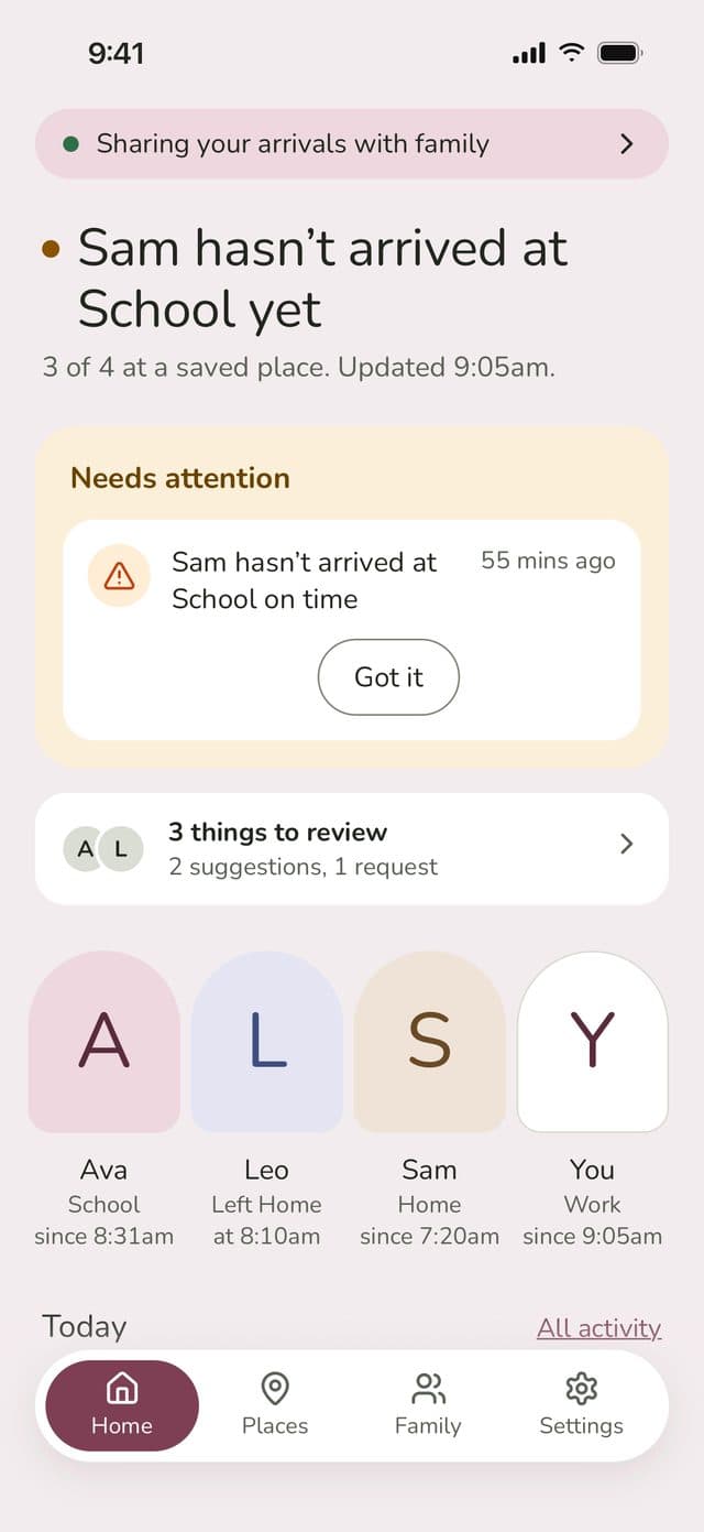 Parent Home: Sam hasn’t arrived at School yet, a Needs attention card, 3 things to review and the family’s places