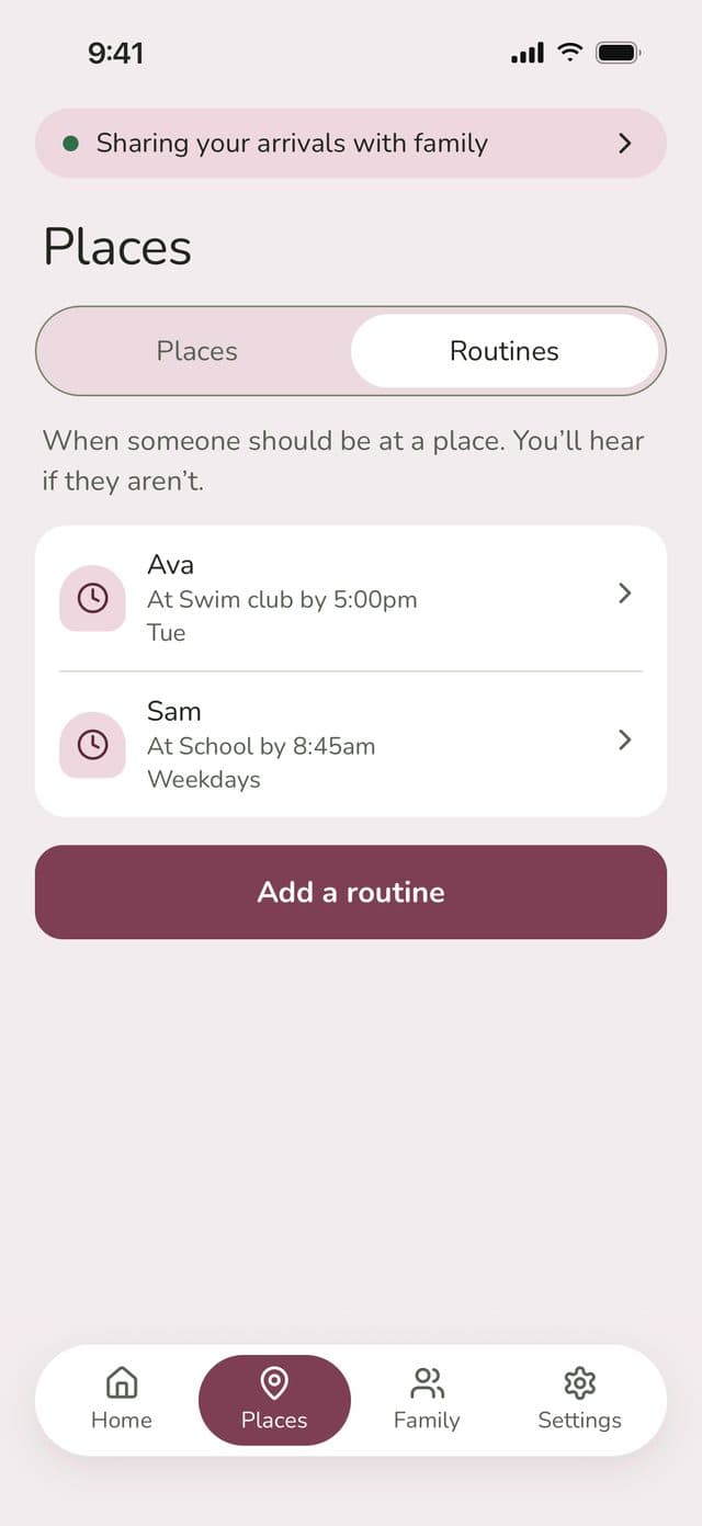 Routines list: Ava at Swim club by 5:00pm on Tuesdays, Sam at School by 8:45am on weekdays