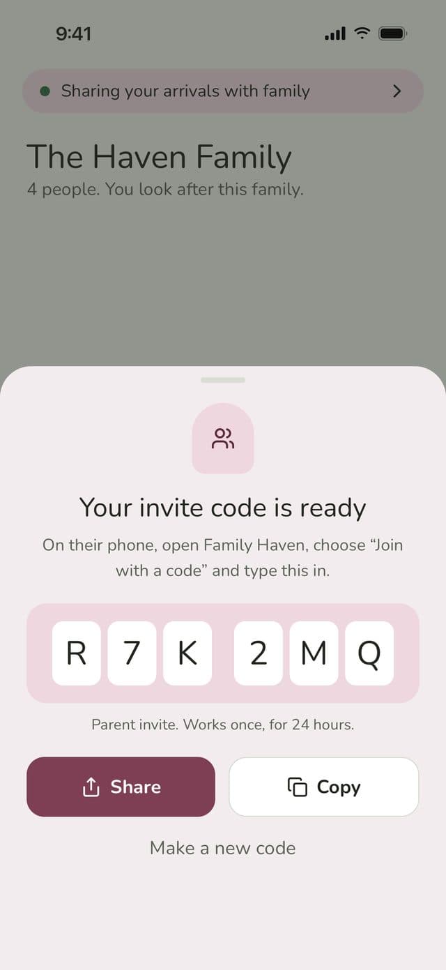 Invite sheet: Your invite code is ready, a 6-character code with Share and Copy buttons