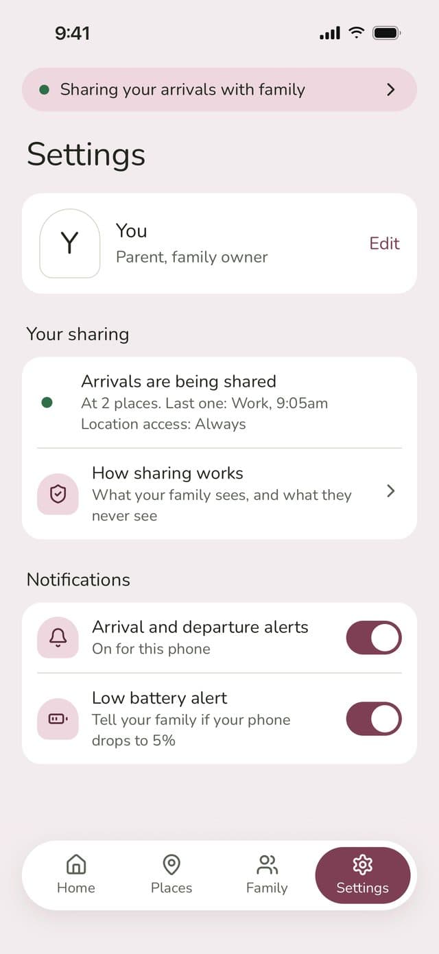 Settings: Arrivals are being shared, location access Always, with notification switches