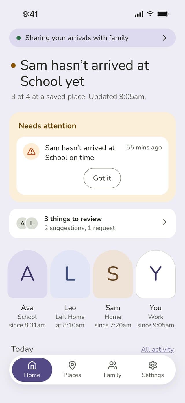 Parent Home: Sam hasn’t arrived at School yet, a Needs attention card, 3 things to review and the family’s places