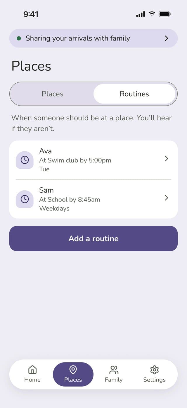 Routines list: Ava at Swim club by 5:00pm on Tuesdays, Sam at School by 8:45am on weekdays