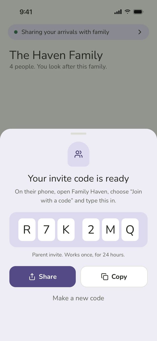 Invite sheet: Your invite code is ready, a 6-character code with Share and Copy buttons