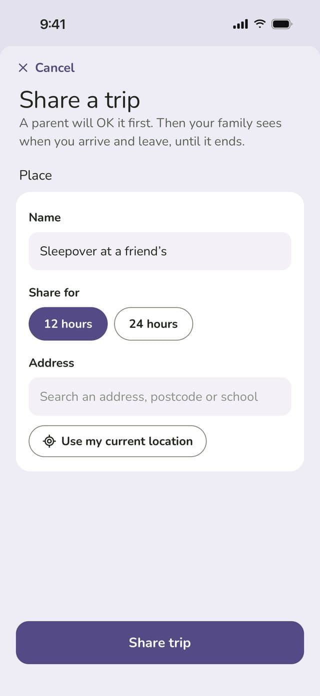 Share a trip: Sleepover at a friend’s, shared for 12 or 24 hours