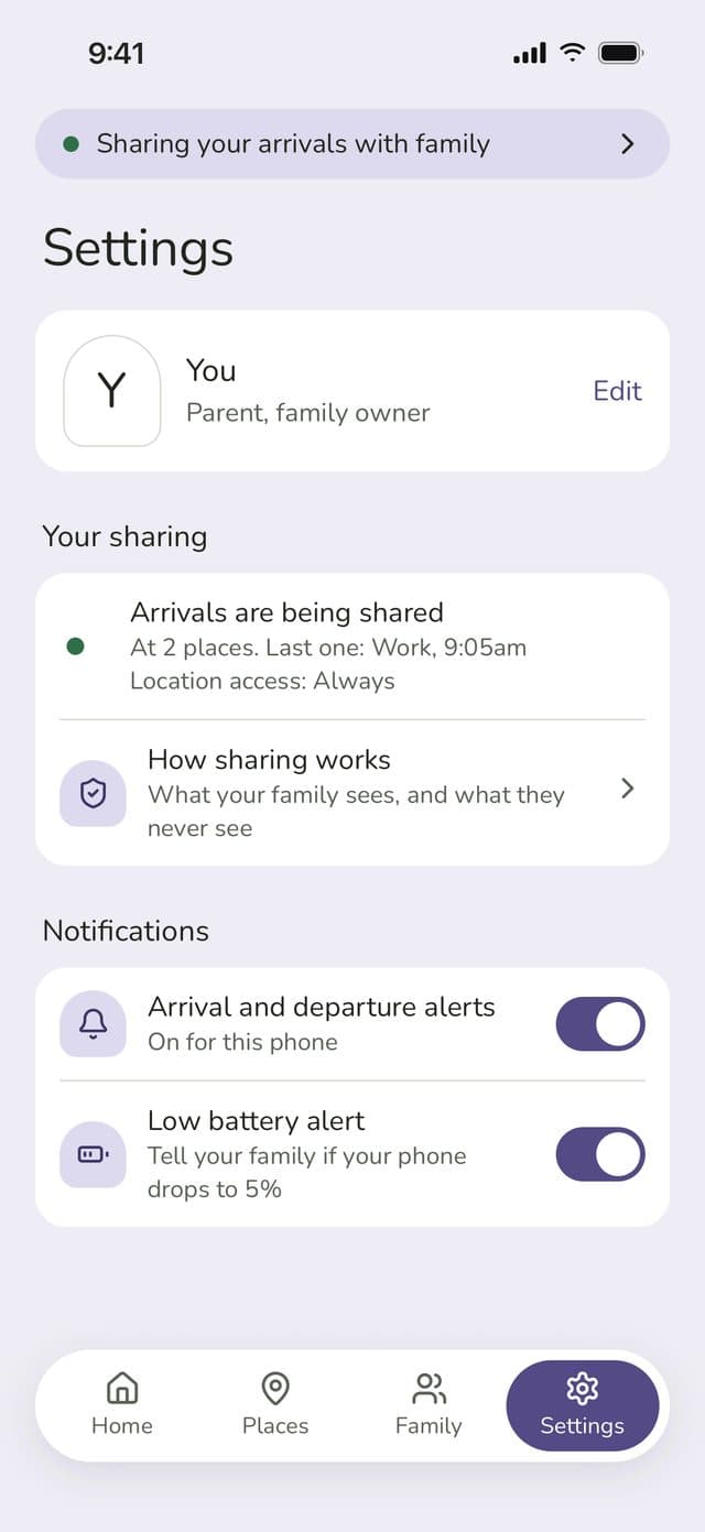 Settings: Arrivals are being shared, location access Always, with notification switches