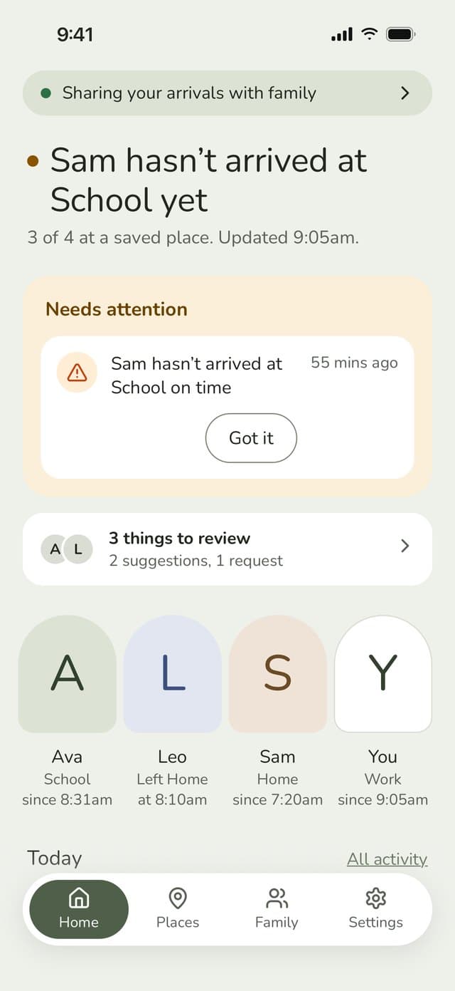 Parent Home: Sam hasn’t arrived at School yet, a Needs attention card, 3 things to review and the family’s places