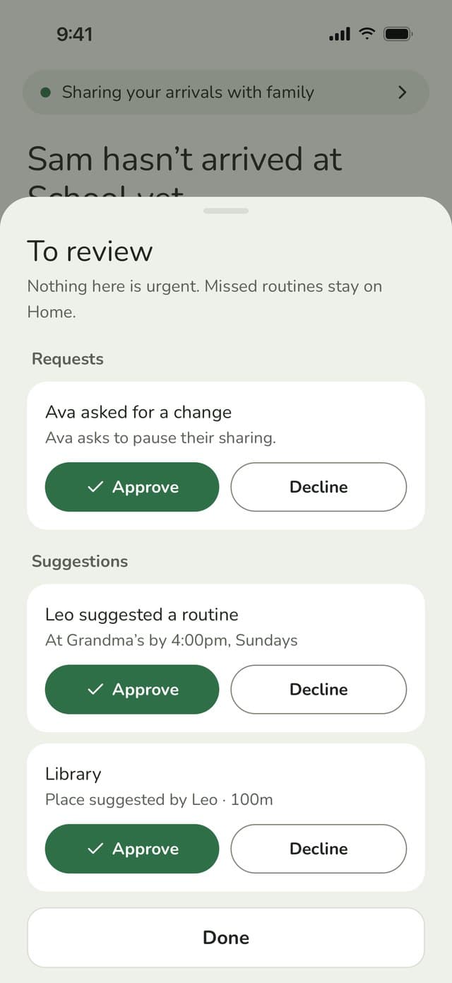 To review sheet: Ava asks to pause sharing, Leo suggests a routine and a new place, each with Approve and Decline