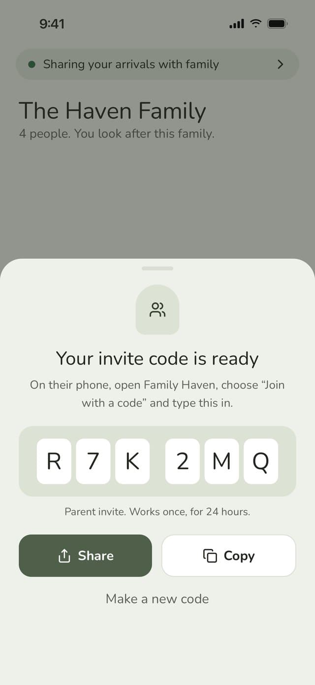 Invite sheet: Your invite code is ready, a 6-character code with Share and Copy buttons
