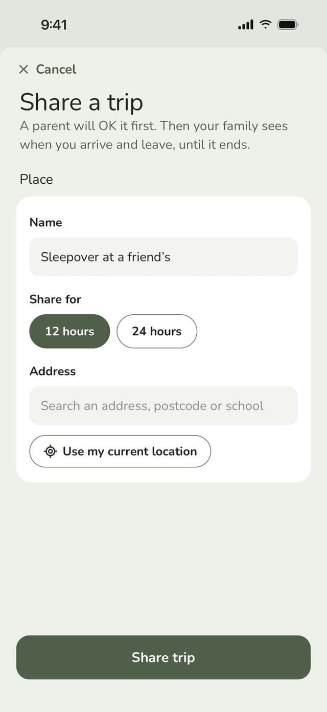 Share a trip: Sleepover at a friend’s, shared for 12 or 24 hours