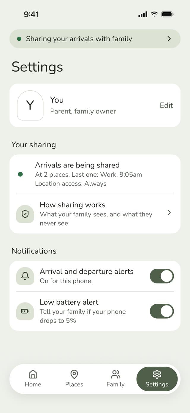 Settings: Arrivals are being shared, location access Always, with notification switches