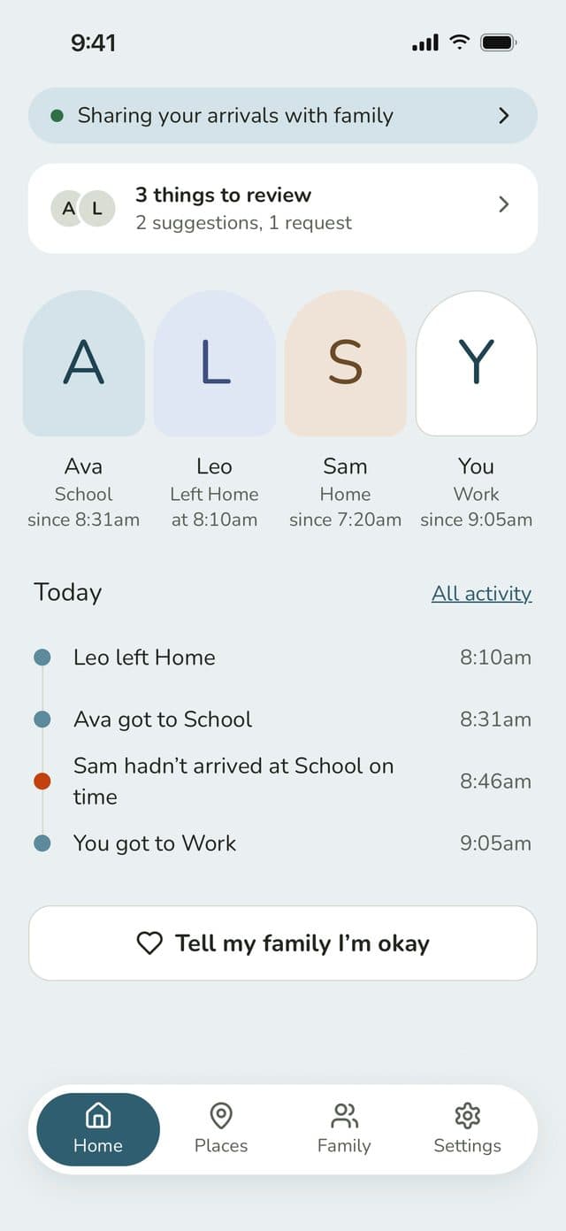Family Haven parent Home: each family member’s place, today’s arrivals and a Tell my family I’m okay button