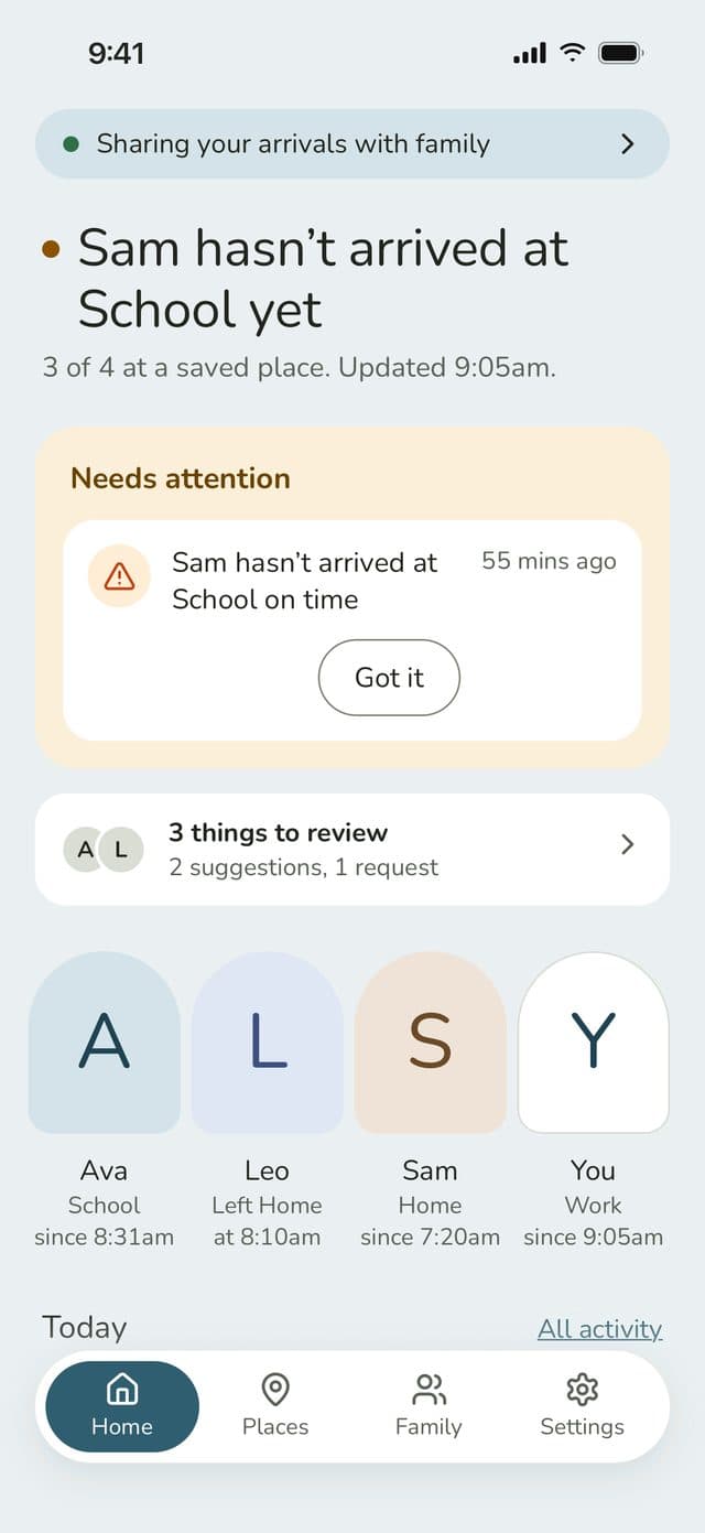 Parent Home: Sam hasn’t arrived at School yet, a Needs attention card, 3 things to review and the family’s places
