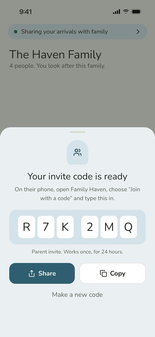 Invite sheet: Your invite code is ready, a 6-character code with Share and Copy buttons