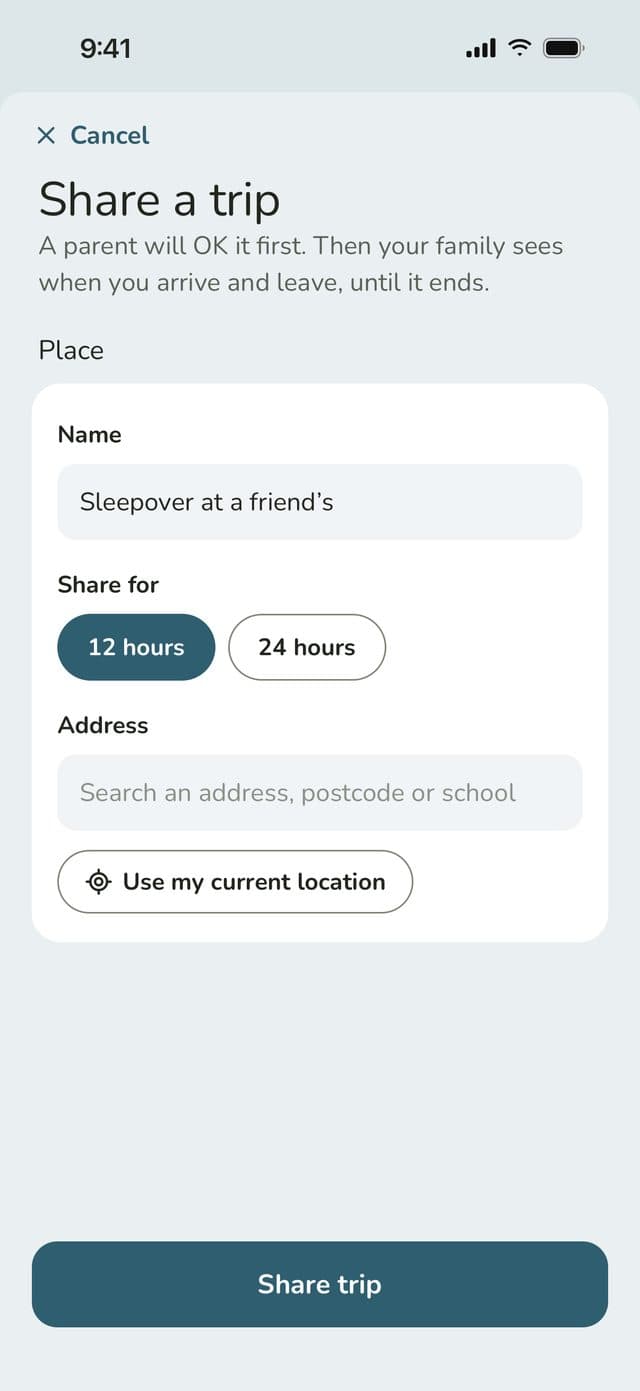 Share a trip: Sleepover at a friend’s, shared for 12 or 24 hours