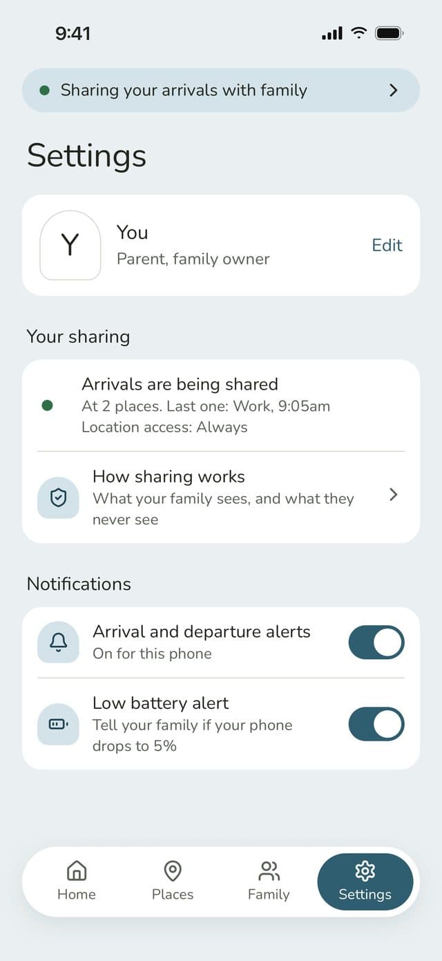 Settings: Arrivals are being shared, location access Always, with notification switches